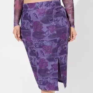 Torrid Betsey Johnson Mesh Pencil Skirt Front Slit Lined Purple Floral Size 1